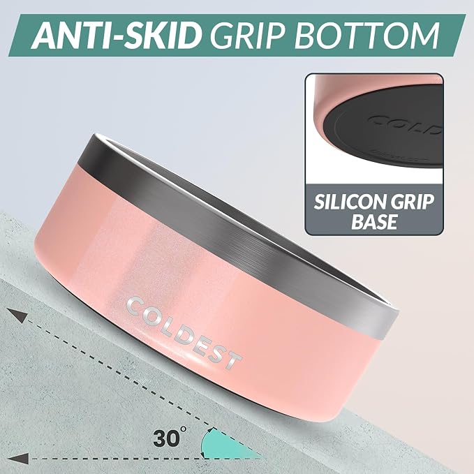 Coldest Dog Bowl - Anti Rust Metal, Non Slip, 3 Layers Insulated Stainless Steel Dog Bowls - Spill Proof & Heavy Duty - Water Bowl for Dogs, Cats & Pets, Dish Washer Safe (64 oz, Forever Pink Glitter)