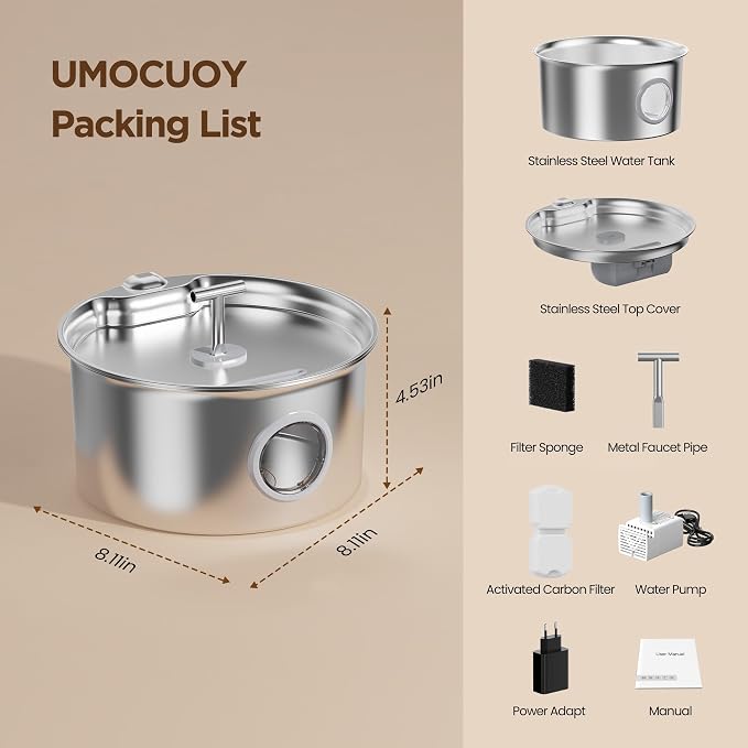Cat Water Fountain Stainless Steel: Cat Fountain for Drinking with Filter - Pet Water Fountain for Cats Indoor - Automatic Pet Water Dispenser Bowl - 6 Carbon Filters & 3 Foam Filters