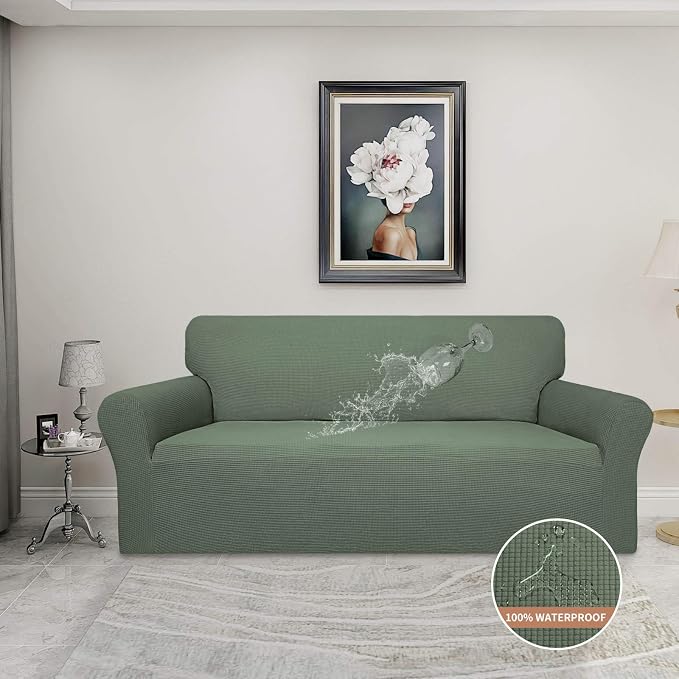 Easy-Going 100% Waterproof Couch Cover, 3 Cushion Couch Slipcover for Sofa | Leakproof Sofa Cover, Stretch Jacquard Furniture Protector Against Stain Spill from Kids, Pets, Dog (Sofa, Grayish Green)