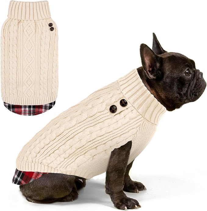 KYEESE Dog Sweater Turtleneck Thick Knit Pullover for Cold Weather | Stretchy Fit, Lightweight & Warm, Cozy Knit Comfort, Classic Plaid Design, Gentle on Sensitive Skin, Comfortable Daily Wear
