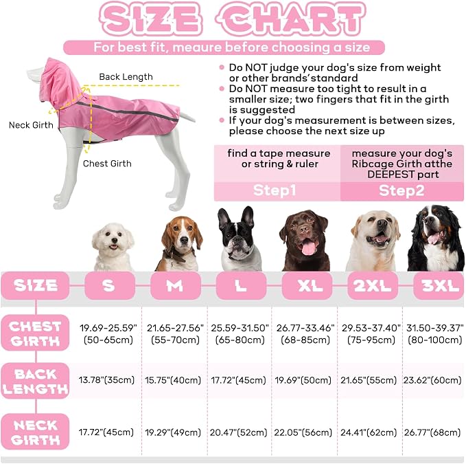 Pink Dog Raincoat with Reflective Strip Hoodie, Waterproof Poncho，2XL | Reflective Safety Trim, Waterproof & Breathable, Adjustable Hood, Leash-Friendly Access Hole, Easy On & Off Design
