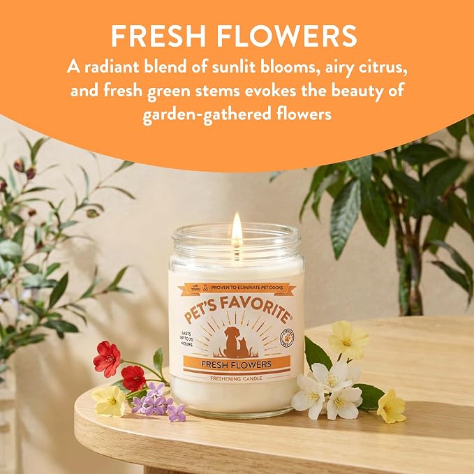 Pet's Favorite Pet Odor Candle, Clean Burning, Long Lasting Floral Scented Candle with a Natural Fiber Wick and 70 Hour Burn Time, Fresh Flowers - Pack of 1