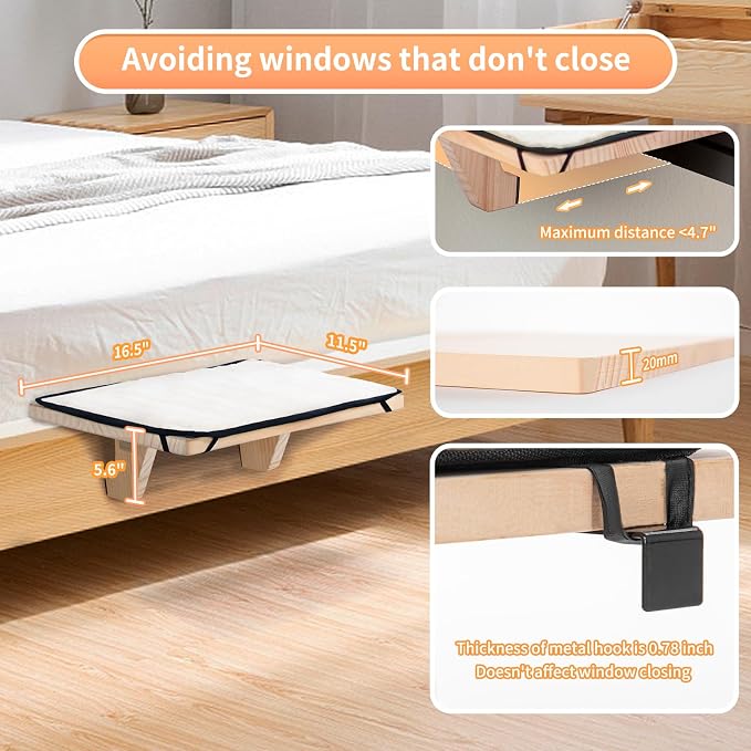 PETSFIT Cat Window Perch, Solid Wood, Fleece Mat, Windowsill Bedside Drawer | Natural Wood Cat Hammock, Tool-Free Assembly, Fits Large Cats, Windowsill Bedside Drawer Use, Washable Cushion Included