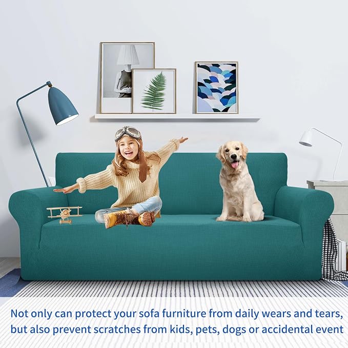 MAXIJIN Super Stretch Couch Cover for 3 Cushion Couch, 1-Piece Universal Sofa Covers Living Room Jacquard Spandex Furniture Protector Dogs Pet Friendly Fitted (Large, Peacock Teal)