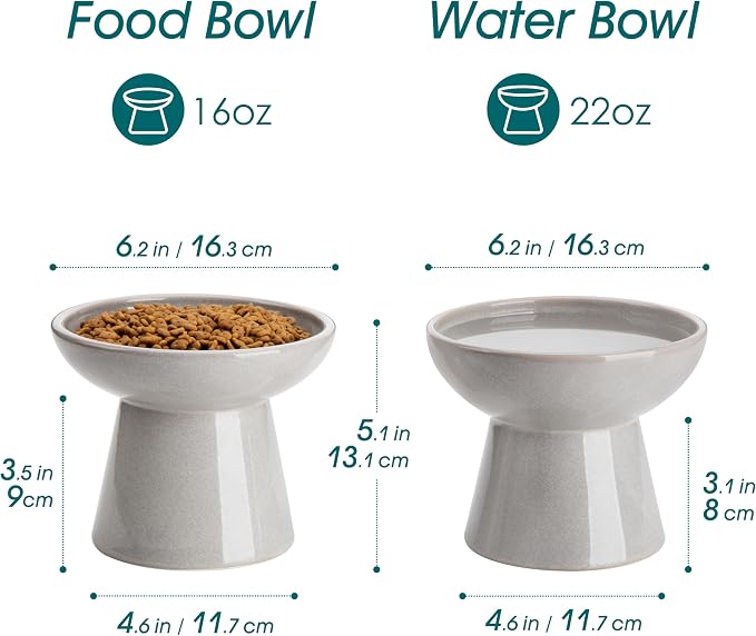 vancasso Ceramic Elevated Cat Bowls 2-Pack - 6.2" Extra Wide Raised Cat Food & Water Dishes, 5.1" Optimal Height Anti-Whisker Fatigue Shallow Bowls for Cats/Kittens/Dogs, Lead & Cadmium Free (Grey)