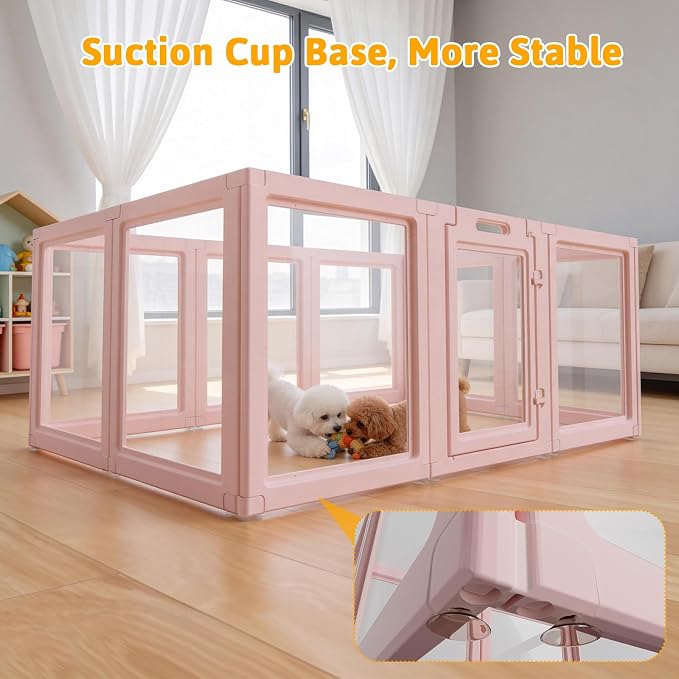 Acrylic Dog Playpen Indoor, Pink Dog Pen, Puppy Playpen, 10 Panels | 23.6" H, Skin Pink, Purple & Sky Blue, Clear View, No-Gap Escape-Proof, Tool-Free Setup, For Puppies & Small Dogs