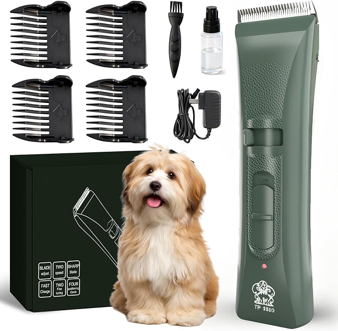 Tife Low Noise Dog Clipper – Cordless Pet Grooming Kit with Rechargeable Battery, Quiet Electric Hair Trimmer for Thick Coats, Adjustable Blade Pet Shaver for Dogs & Cats (Green)