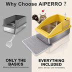 AIPERRO Stainless Steel Litter Box | XL Enclosed Cat Litter Boxes with Lid for Big Cats | High Sided, Anti-Urine Leakage | Non-Stick Bottom & Includes Litter Mat & Metal Scoop (Mustard Yellow)