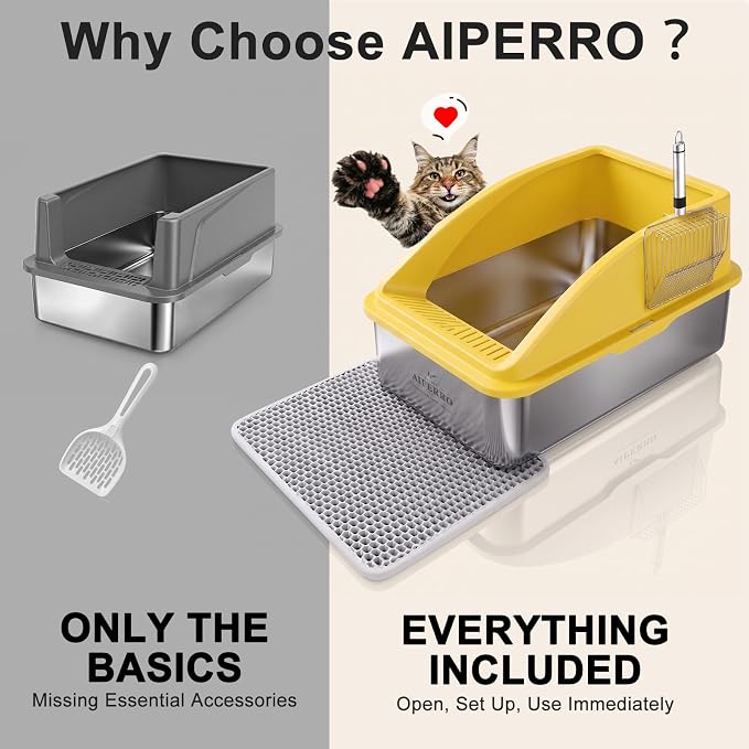 AIPERRO Stainless Steel Litter Box | XL Enclosed Cat Litter Boxes with Lid for Big Cats | High Sided, Anti-Urine Leakage | Non-Stick Bottom & Includes Litter Mat & Metal Scoop (Mustard Yellow)