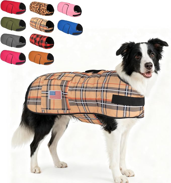 BEAUTYZOO Dog Winter Coat for Large Dogs Waterproof, Warm Reflective Great Dane Oxford Canvas Jacket, Fleece Dog Cold Weather Coats Windproof for Female Male Dogs, Khaki Plaid L