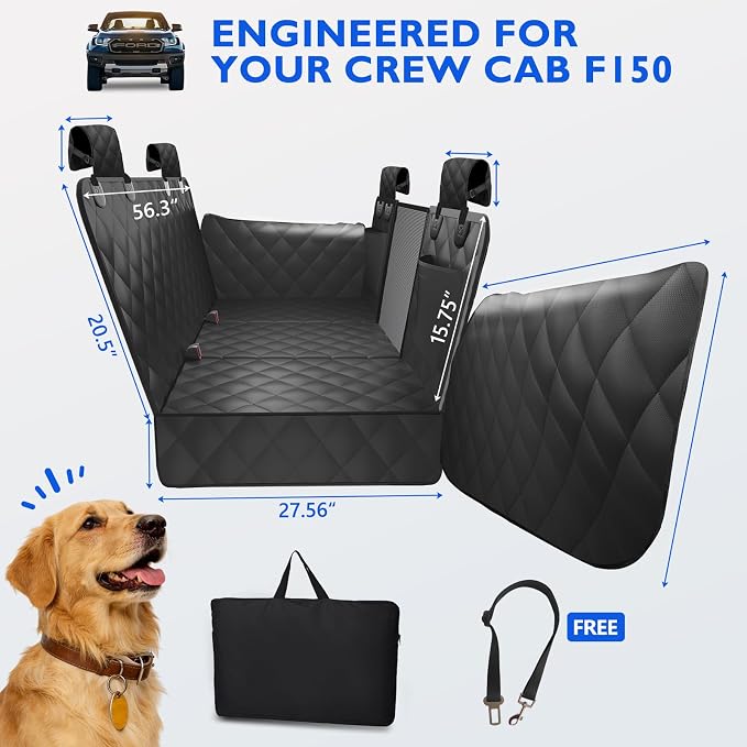 Btefd Truck Hard Bottom Dog Back Seat Extender Cover for F150, RAM 1500 | Pet Hammock for Full Size Crew Cab Trucks, Headrest Protection, Holds 420lbs, 45% More Space, Waterproof, Easy Care