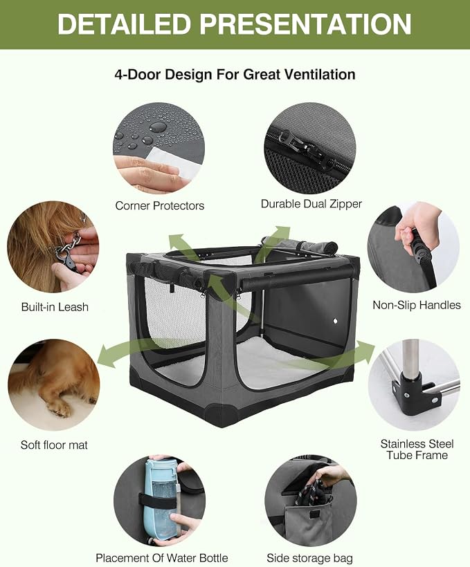 42 x 31 x 31 Inch Collapsible Soft Dog Crate for Dogs Up to 90 lbs, Portable Travel Pet Kennel with 4 Zip Doors, Foldable Indoor Outdoor Crate with Mat, Carry Bag, Grey