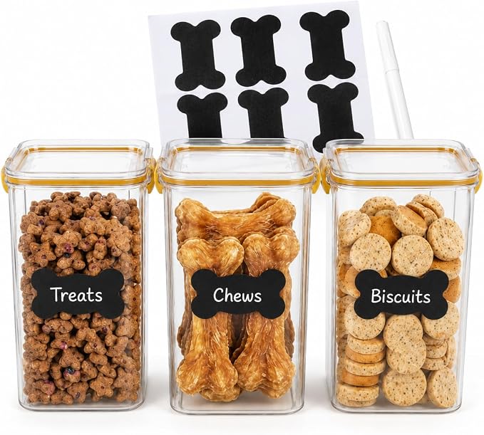 3Pack Pet Food Storage Containers, Airtight Dog Food Storage Container with Locking Clips, Dog Treat Container with a Stickers & Pen for Customizing, for Pet,Bird Seeds,Dog & Cat Treats(Golden)