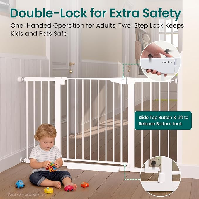 Cumbor 30-54" Extra Wide Baby Gate for Stairs, Auto Close Dog Gate White | Dual Lock Pet Gate Indoor, Easy Install Safety Gate for Doorways, Hallway & Kitchen, Easy Walk Thru Proofing for Babies & Pet