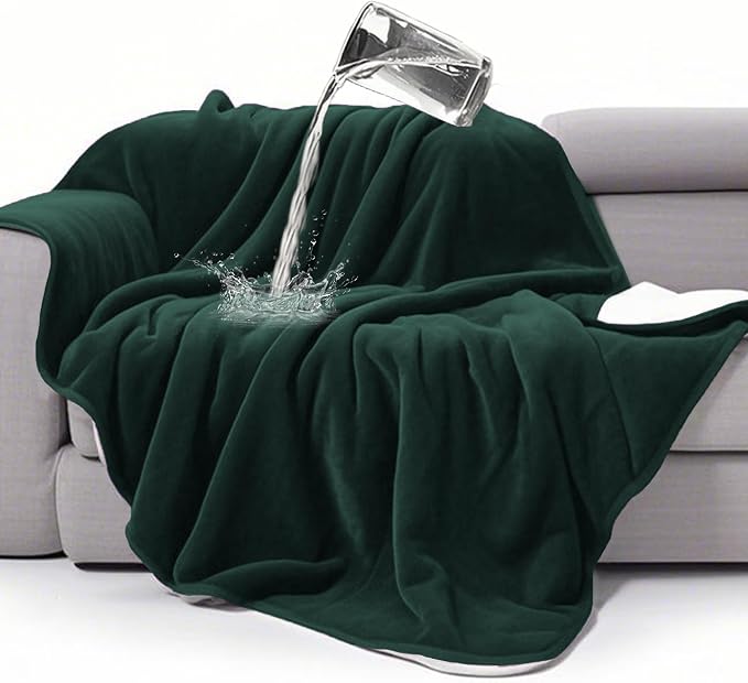 gogobunny Waterproof Bed Blanket, Reversible Sherpa Fleece Throw Blanket for Dog Puppy Cat, Furniture Cover Protects Bed Couch Sofa from Liquid Pee and Pet Fur (Forest Green, 90x90 inches)