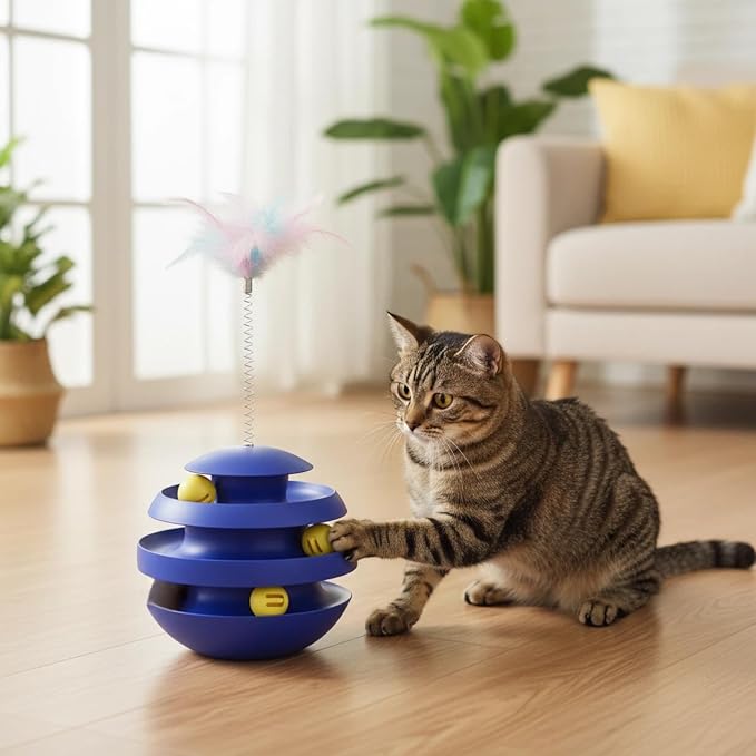 Cat Toys for Indoor Cats, Interactive Cat Ball Track with Feather | Kitten Toy Tumbler, 3-Layer Self Spinning Cat Ball Tower for Bored Indoor Adult Cats