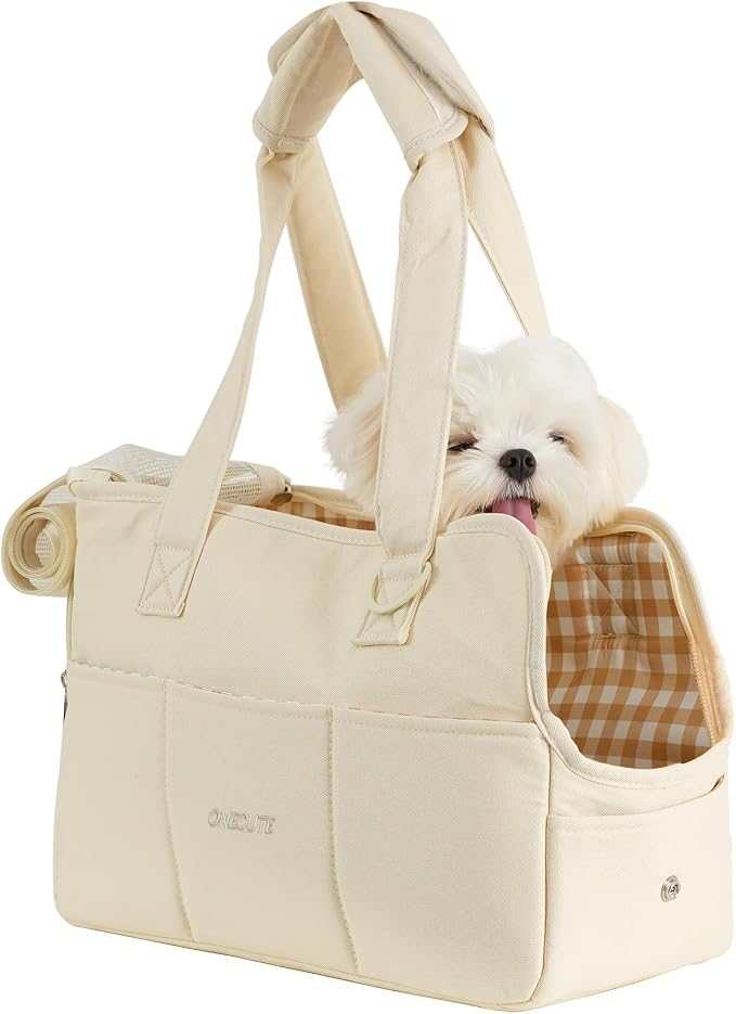 ONECUTE Dog Purse Carrier for Small Dogs Rabbit cat with Large Pockets, Cotton Bag, Dog Carrier Soft Sided, Collapsible Travel Puppy Carrier (Beige, 13.6" L x 6.5" W x 10" H)