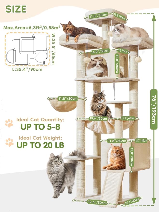 Taoqimiao Tall Cat Tree, 76In XL Cat Tower for Large Cats, 3 Padded Perches | Oversized Metal Hammock, 2 Big Condos, 1-Piece Ramp Scratcher, 7 Natural Sisal Posts, Hanging Basket, Beige, MS047M
