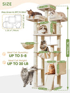 Taoqimiao Tall Cat Tree, 76In XL Cat Tower for Large Cats, 3 Padded Perches | Oversized Metal Hammock, 2 Big Condos, 1-Piece Ramp Scratcher, 7 Natural Sisal Posts, Hanging Basket, Beige, MS047M