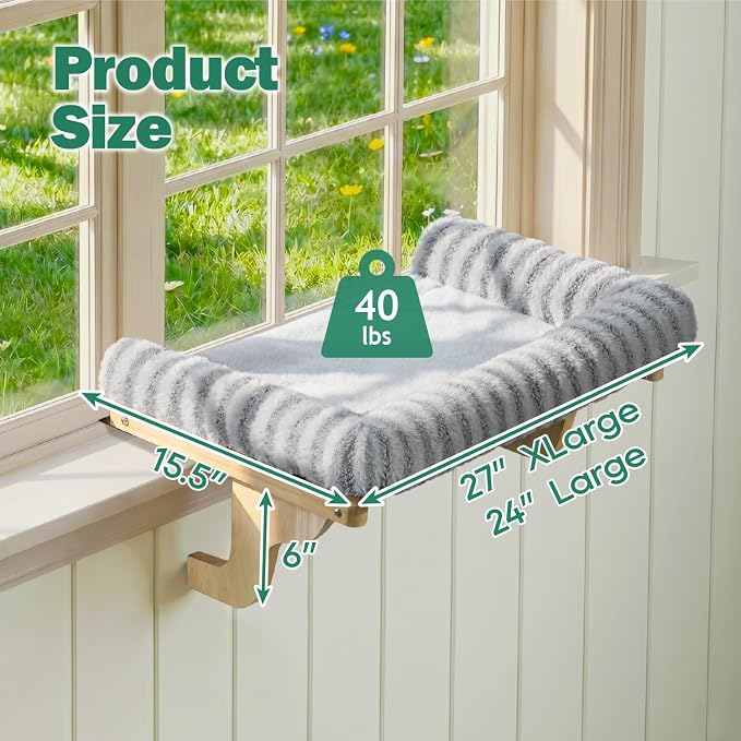 Zakkart Mellow Cat Perch for Windowsill with Hardwood Frame (Gray, XL) | Hook-On Windowsill Mount, Open-front View, Machine Washable, Support up to 40 lbs., 27"W x 15.5"D