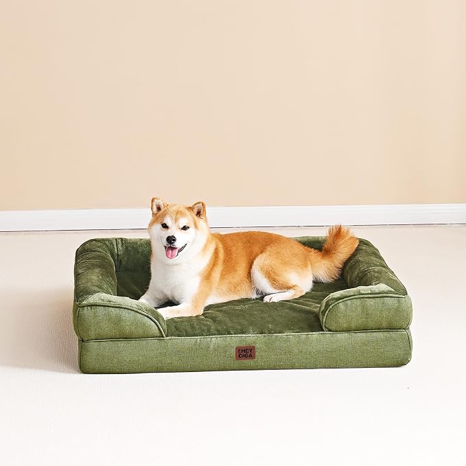 EHEYCIGA Orthopedic Small Dog Bed, Waterproof Memory Foam Washable Pet Beds | Non-Slip Bottom and Egg-Crate Foam Medium Dog Couch Bed with Washable Removable Cover, Olive Green