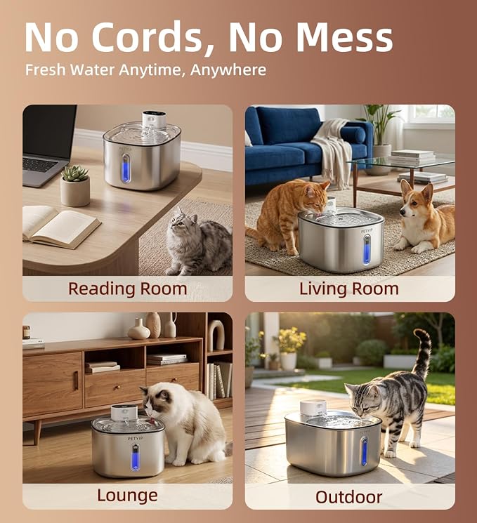 Wireless Cat Water Fountain Stainless Steel,135fl-oz/4L Battery Operated Cordless Cat Fountain,Automatic Pet Water Dispenser,Water Fountains for Cats Dogs Indoor,Ultra Quiet