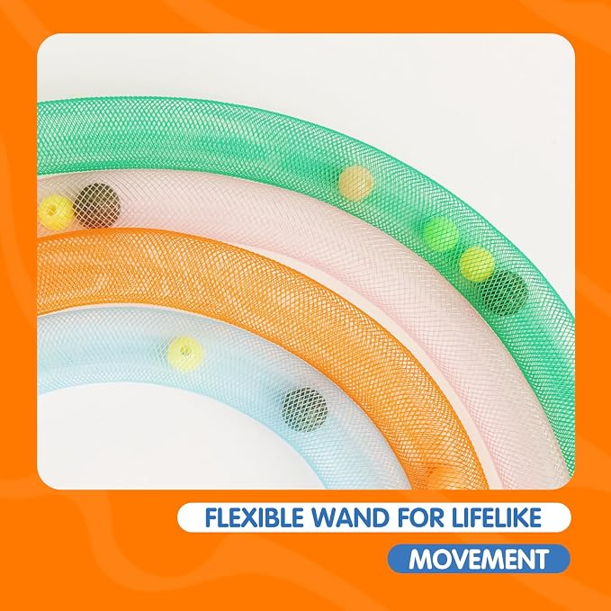 Cat Teaser Toys with Feathers and Bells, Flexible Tube 4-Pack | Four colorful teaser toys with feathers, bells, pom-poms, and flexible mesh tubes for chasing, batting, and pouncing