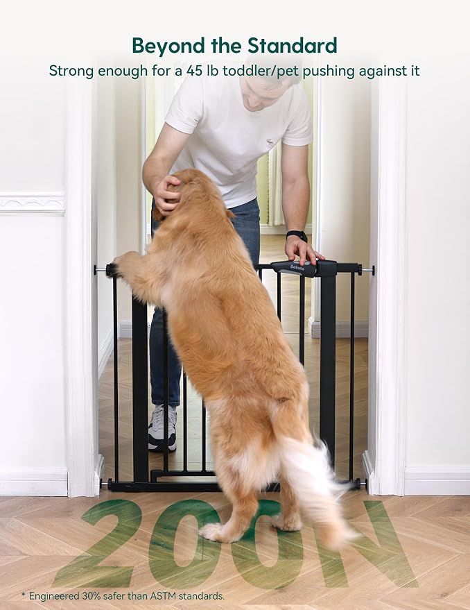Babelio Pressure Mounted Baby Gate for Stairs, 26-40" Wide Dog Gate Indoor | Triple-lock system; Pressure/wall mount Auto-close; 200N impact tested; Easy Install for Doorways, Kitchen, Hallway, Black