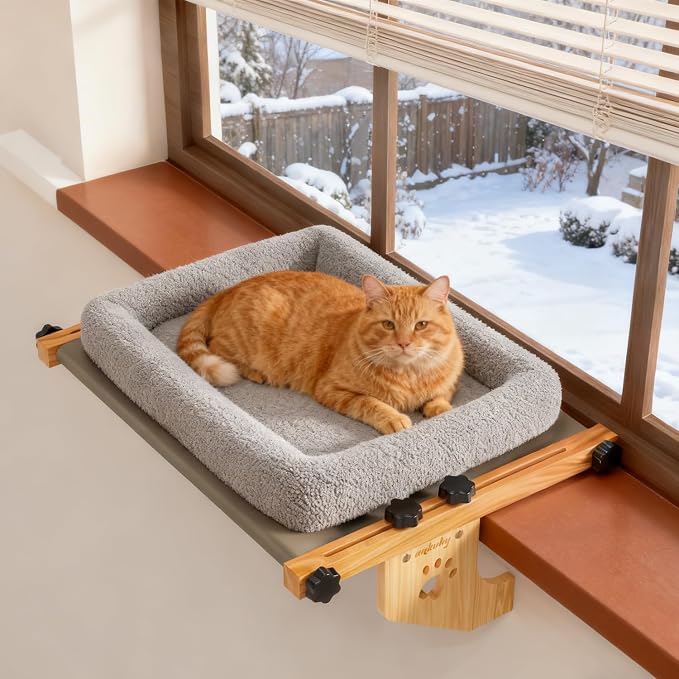 Cat Window Perch- Adjustable Sill Fit,Renter-Safe,Wood-Metal Frame Sturdy Hammock No Drilling,Washable Bed Cover,Tool-Free Install for Indoor Cats,Ideal for Small Spaces & Multi-Cat Families(Grey,M)