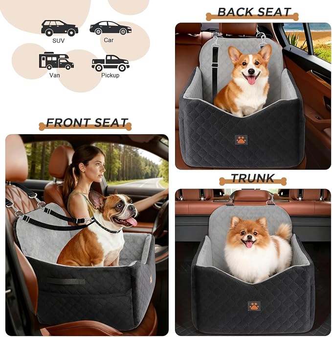 Dog Car Seats for Small/Medium Dogs, Puppy Car Seat with Side Opening, Thick Cushion, Detachable Washable Dog Carseat with Storage Pockets for Dogs Up to 35lbs (Grey)