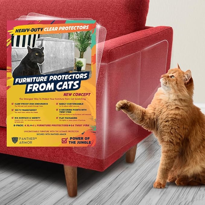 Panther Armor Furniture Protector, 8-Pack, Heavy Duty Anti-Scratch Cat Couch Protector, Transparent | Solid barrier shield, not a sticky deterrent. Couch protector from cat claws. 4 XL plus 4 large sheets, removable