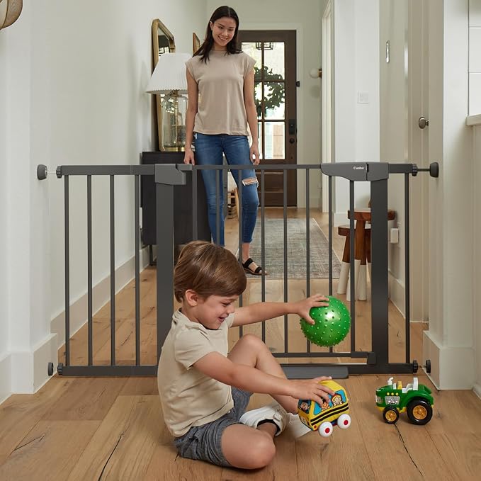 Cumbor 30-46" Baby Gate for Stairs, Auto Close Dog Gate for the House Black | Easy Install Pressure Mounted Pet Gates for Doorway, Dual Lock Indoor Safety Gate for Baby & Dog, Mom's Choice Awards Winner