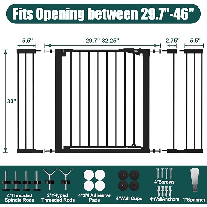 keny 29.7"-46" Baby Gate for Stairs, Auto Close Dog Gates for Doorways | Pressured Mounted No Drilling Pet Gate Extra Wide, One-Hand Opening Dual Lock Stair Gate, Indoor Kids Necessities, Black