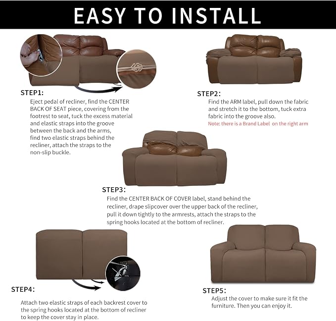 Easy-Going 100% Dual Waterproof Recliner Loveseat Cover, 6-Pieces Stretch Relining Sofa Cover with Pocket, Jacquard 2 Seat Sofa Slipcover Leakproof Washable (Loveseat, Brown)