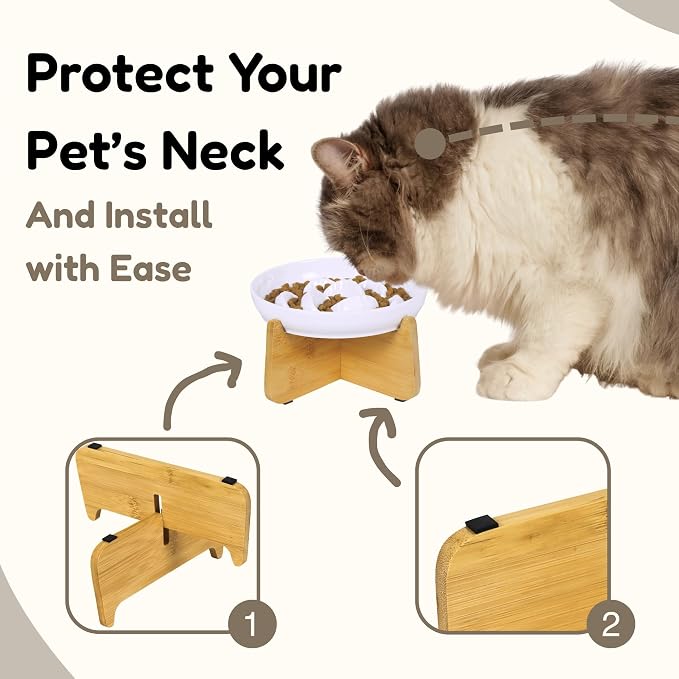 Elevated Slow Feeder Cat Bowl with Bamboo Stand, 6.3'' Ceramic Cat Food Bowl, Raised Whisker Friendly Cat Dish for Wet & Dry Food, Dishwasher Safe Anti-Slip Feeder for Cats & Small Dogs (White)