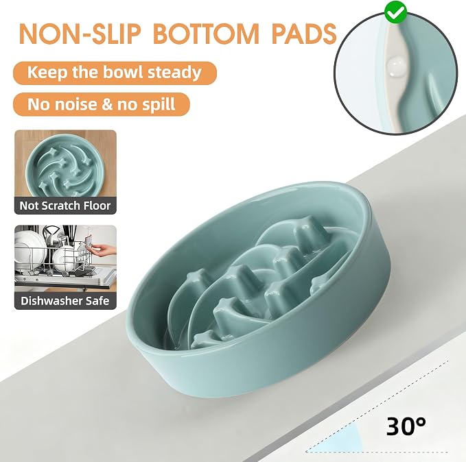 Ceramic Slow Feeder Dog Bowls Large Breed, 2 Cups, 8.3 Inch Green | 2 cups raised maze bowl slows fast eating for medium and large dogs; heavy ceramic, non-slip and dishwasher safe.
