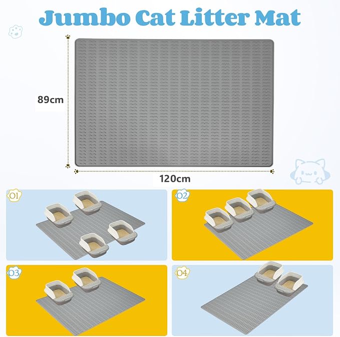 Cat Litter Mat, 47x35in Extra Large Litter Trapping Mat, Grey | XXL Cat Mat Fits 2-4 Litter Boxes, Silicone Litter Trapping Mat, Waterproof Raised Edges, Non-Slip Bottom, Easy Clean