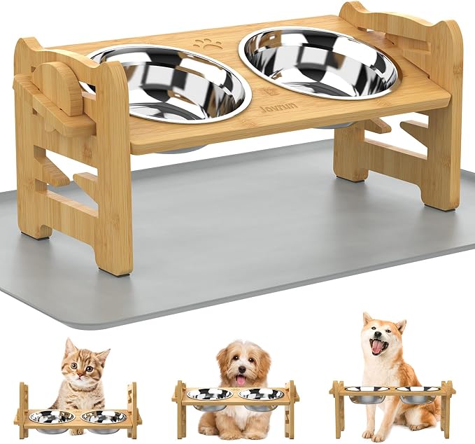 Jovrun Elevated Dog Bowls, Adjustable Raised Dog Bowl Stand for Small Size Dogs and Cats, Durable Bamboo Dogs Feeder with 2 Stainless Steel Bowls and Non-Slip Feet, Pet Food Bowl with Mat