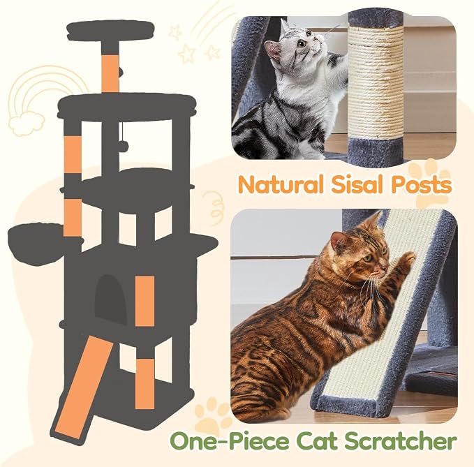 Taoqimiao Cat Tree for Large Cats, 72In Tall Cat Tower, Giant Platform | Widened Cat Condo with Large Scratch Board, 5 Scratching Posts, Metal Frame Hammcock, Cozy Basket, Smoky Gray, MS045G