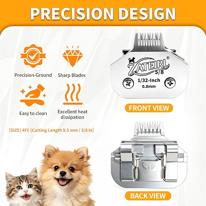 Size 5/8 Detachable Pet Grooming Clipper Blade with Steel Cutter, 1/32 Inch 0.8mm Cut Length, Silver, Compatible with Andis, Oster A5, Wahl KM10, 1 Pack