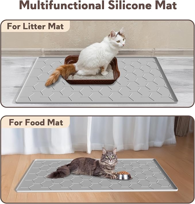 Garoopion Silicone Cat Litter Mat 34×22 inch, Easy to Clean, Gray | Waterproof Silicone Mat with Raised Edges, Catch Litter, Protect Floor from Urine, Multi-Use for Dog/Sink/Kitchen/Boots