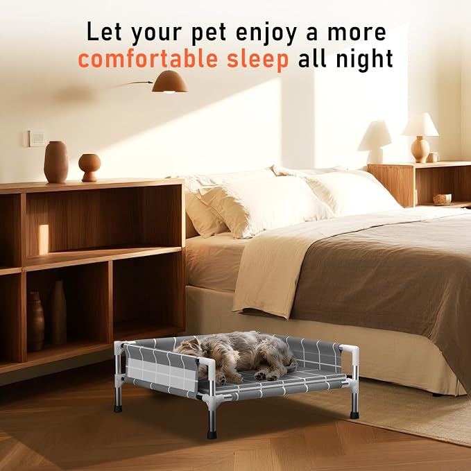 Elevated Dog Bed with Guardrail and Cushion, Raised Pet Bed for Small Dogs | 3-sided safety fence and soft cotton fabric. Anti-slip feet for stable indoor relaxation and outdoor activities