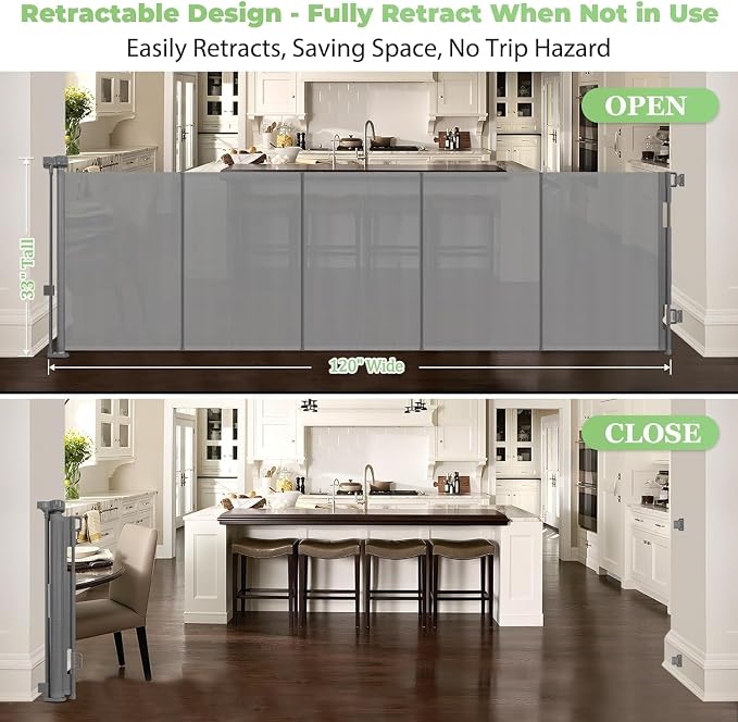 Reinforced 120" Extra Wide Baby Gates for Large Openings, Easy Install/Gray | Indoor/Outdoor Retractable Dog Gate, Prevents Crawling Under, Space-Saving, Easy to Use, Scratch-Resistant Mesh, Safety Lock