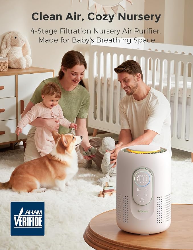 Momcozy Air Purifier for Bedroom with Dimmable Night Light for Small Room | Air Purifier for Baby with True HEPA & Activated Carbon Filter, Real-time PM2.5 Air Monitor, 4 Fan Speeds, 21dB Sleep Mode