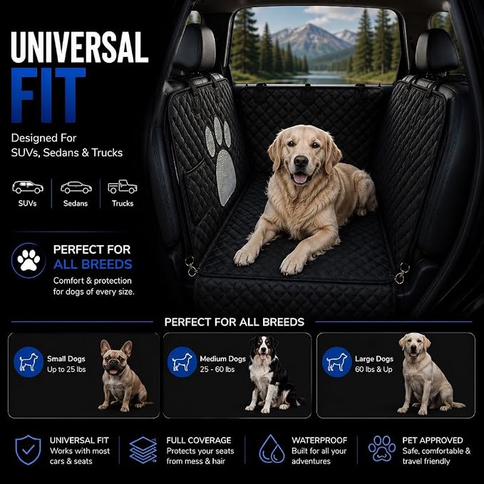 Dog Car Seat Cover for Back Seat – Hammock Style Pet Seat Protector for Cars, SUVs & Trucks | Waterproof Backing, Non-Slip, Scratch-Resistant, Mesh Window, Adjustable Straps, Machine Washable