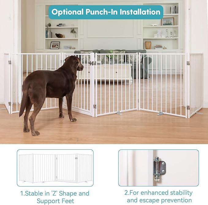 No Pawblems Full Metal Freestanding Dog Gate with Door, 30" Tall | Foldable Pet & Dog Fence for Stairs/Deck/Doorways, Indoor/Outdoor, Freestanding & Wall Mount, 208" Wide, 8 Panels, White