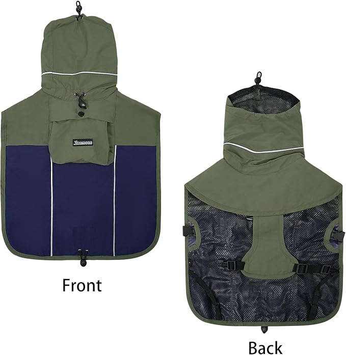 MAMORE Dog Raincoat with High Collar - Waterproof Adjustable Dog Rain Jacket, Lightweight Reflective Pet Rain Coat for Small Medium Large Dogs for Outdoor Walking Hiking (Green&Navy, 3XL)