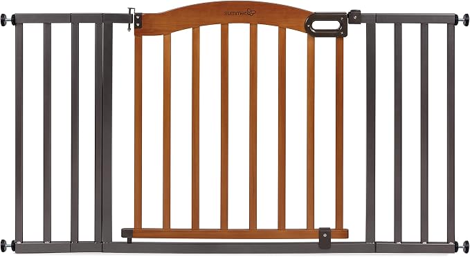 Summer Infant Anywhere Decorative Walk-Thru Pet and Baby Gate, 28” - 42.5” Wide, 30" Tall, Pressure Mounted, Insall In-between Rooms and Doorways, Walnut Wood with Metal Charcoal Accents