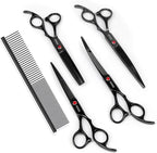 7.0in Titanium Professional Dog Grooming Scissors Set, GEMEK 6 in 1 Straight & Thinning & Upwards Curved & Downwards Curved Scissors & Comb for Dogs, Cats and Other Animals (Black)
