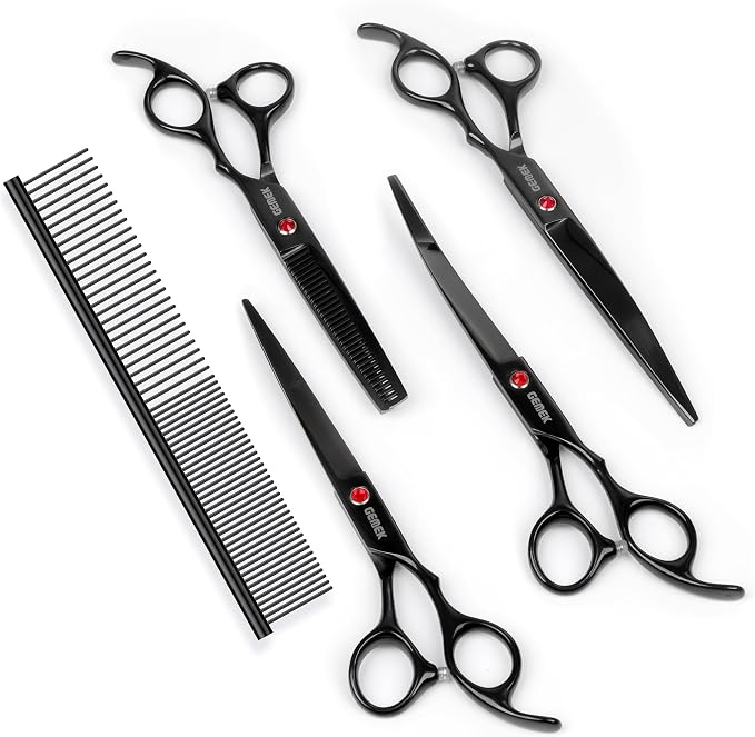 7.0in Titanium Professional Dog Grooming Scissors Set, GEMEK 6 in 1 Straight & Thinning & Upwards Curved & Downwards Curved Scissors & Comb for Dogs, Cats and Other Animals (Black)